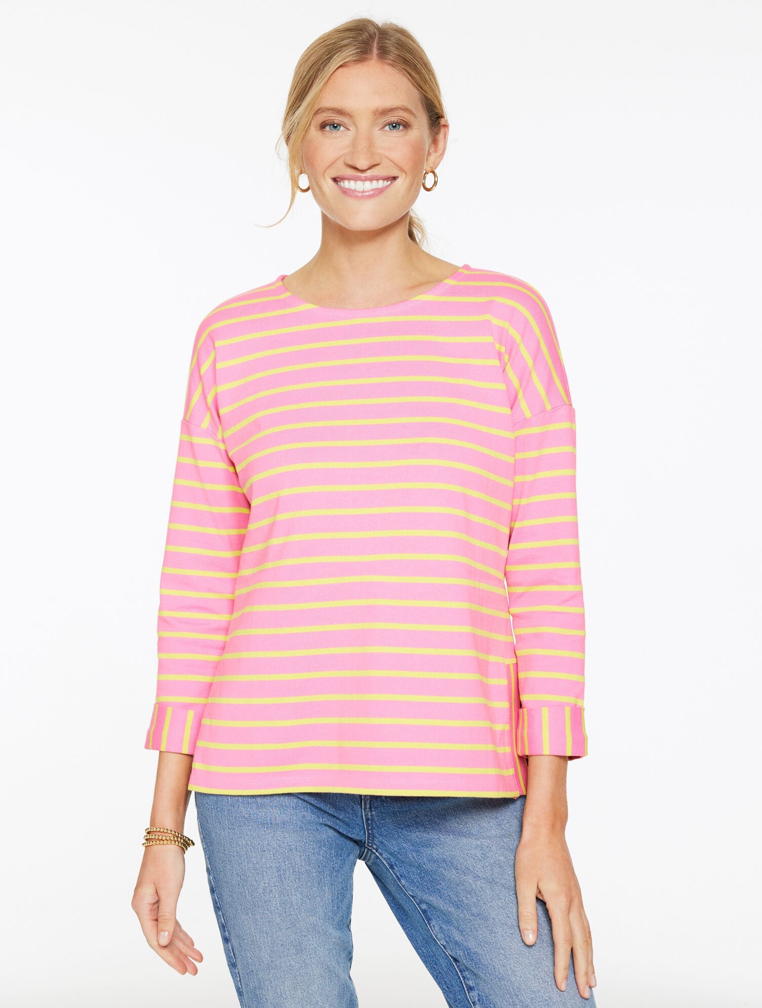 DROP SHOULDER CREWNECK TEE - GREENFIELD STRIPE - LIMEADE | Talbots on sale