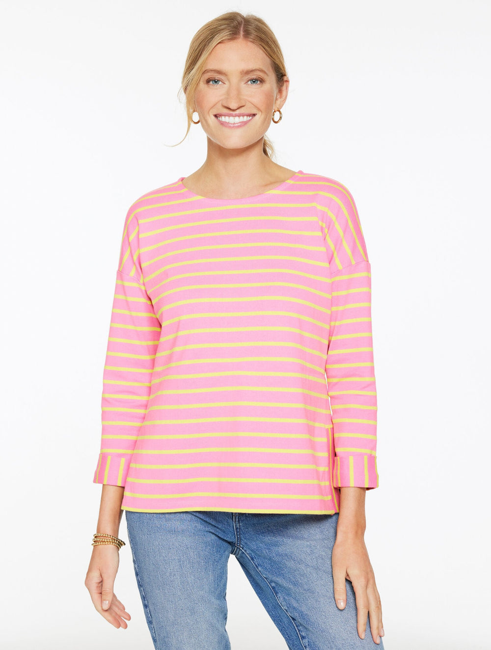 DROP SHOULDER CREWNECK TEE - GREENFIELD STRIPE - LIMEADE | Talbots on sale