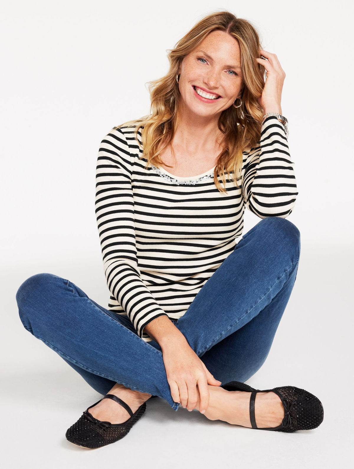 EMBELLISHED RIBBED SCOOP NECK TEE - ASPEN STRIPE | Talbots US