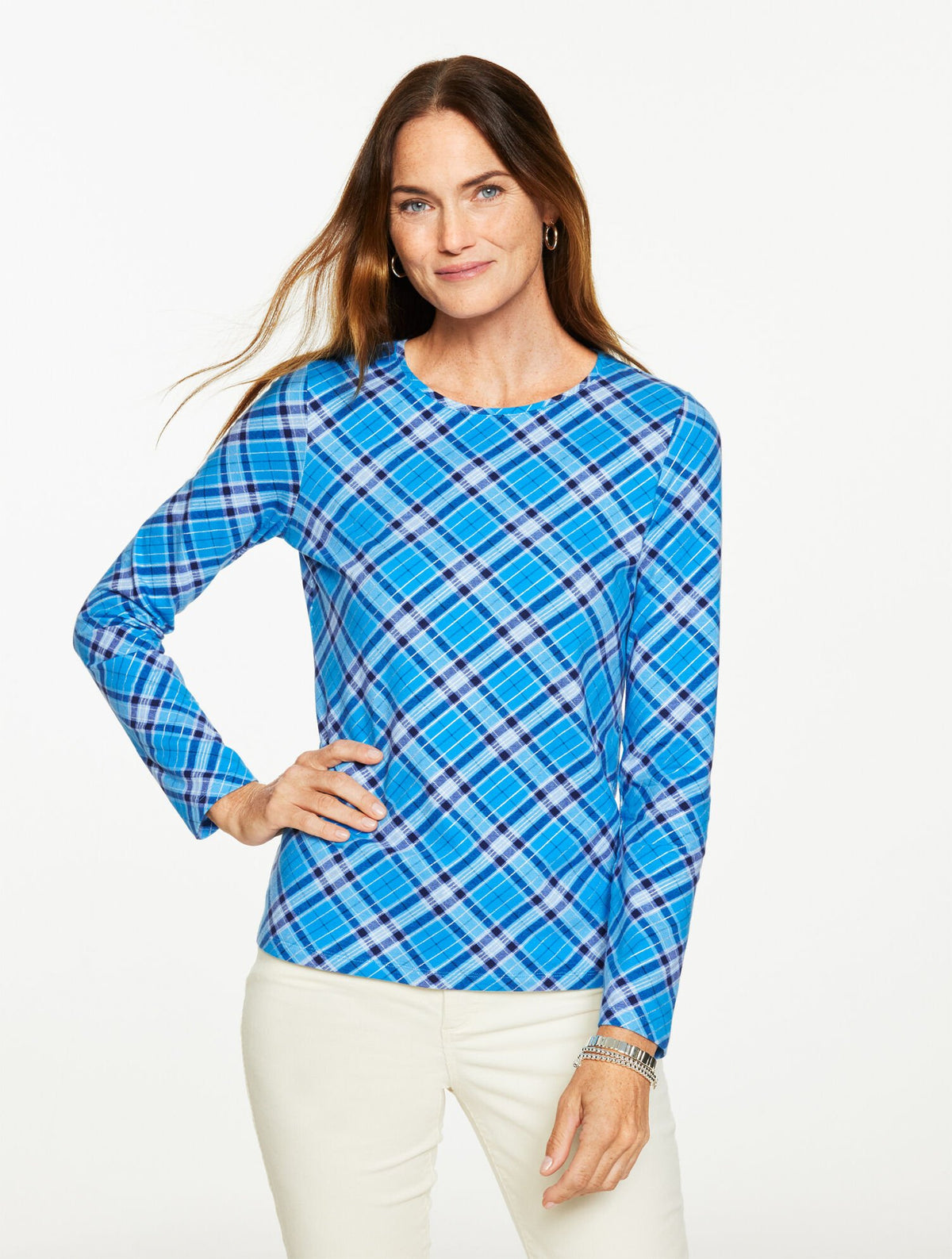 LONG SLEEVE CREWNECK TEE - TINSEL PLAID | Talbots on sale