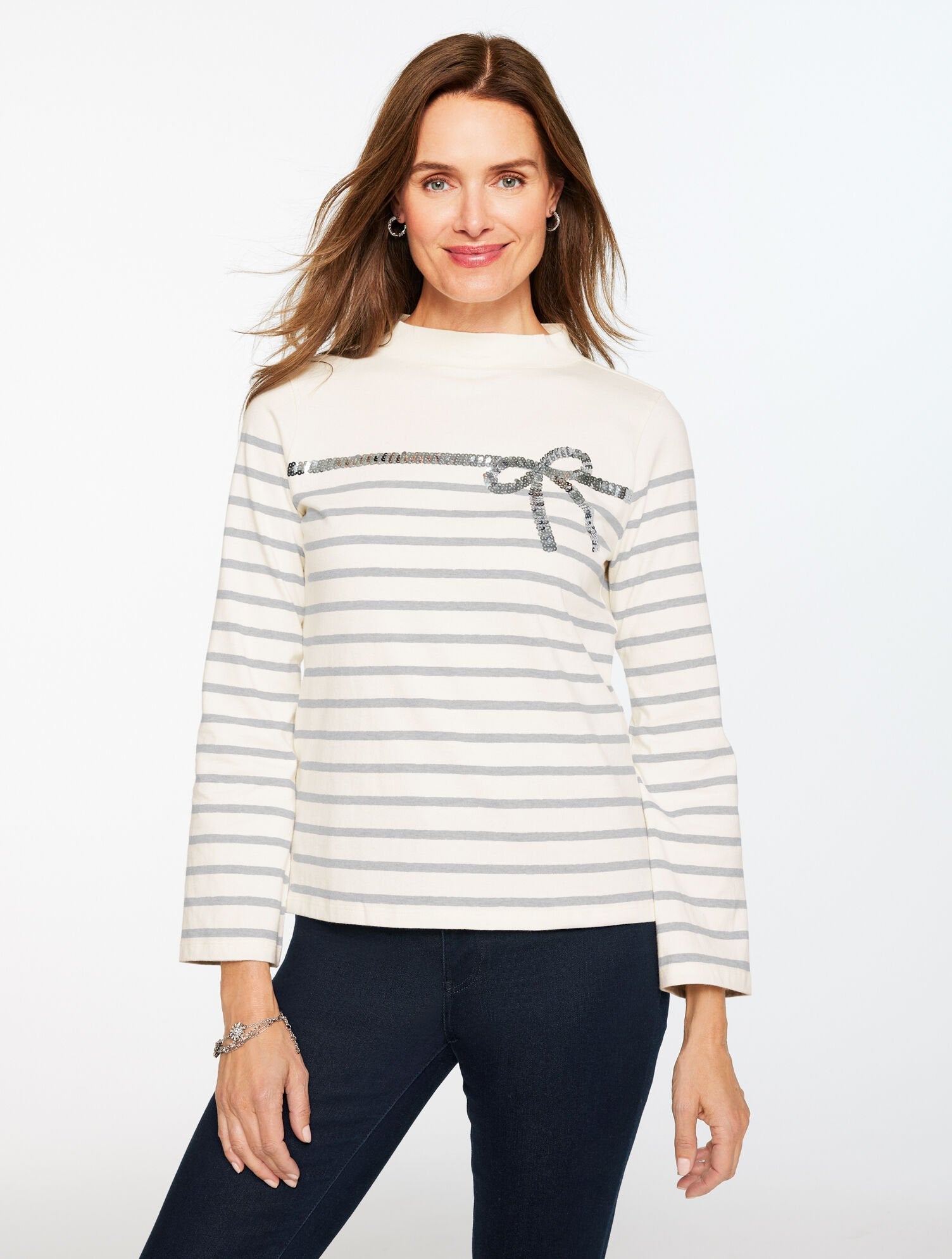 SEQUIN RIBBON STRIPE MOCKNECK TEE | Talbots outlet