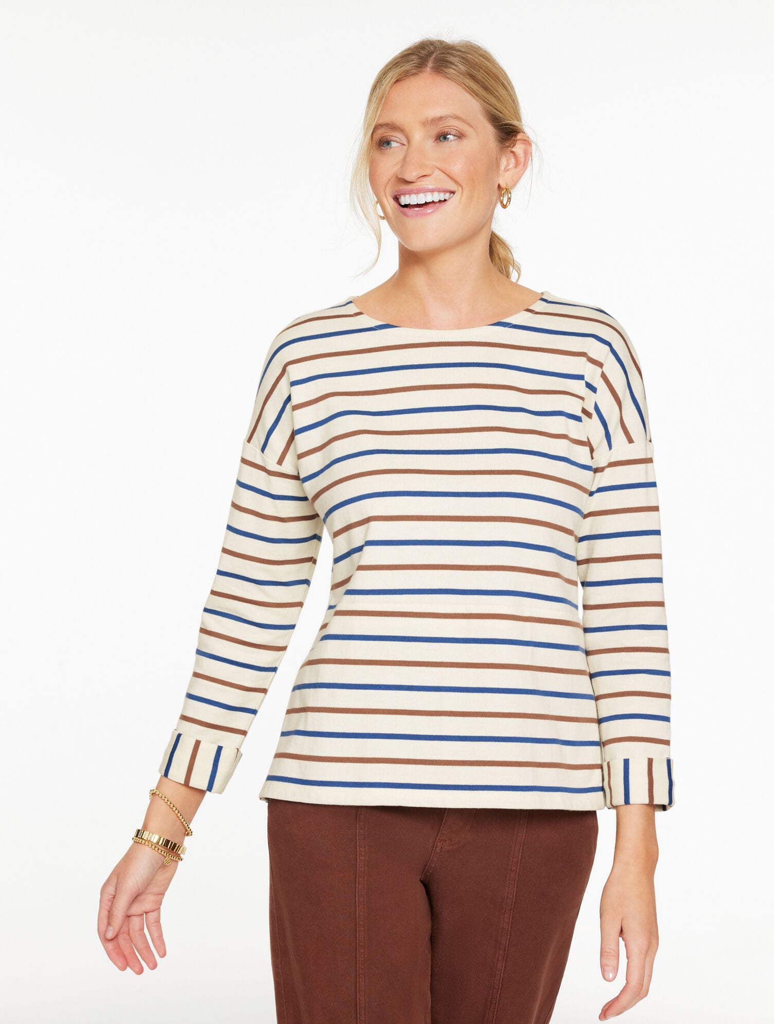 DROP SHOULDER CREWNECK TEE - GREENFIELD STRIPE - NAVY DUSK | Talbots US