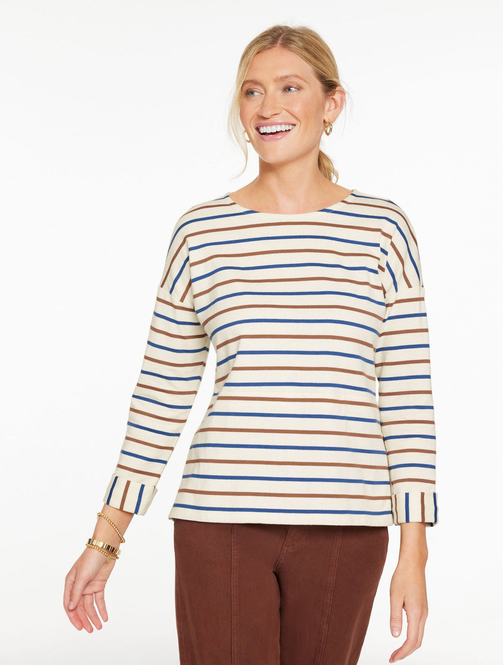 DROP SHOULDER CREWNECK TEE - GREENFIELD STRIPE - NAVY DUSK | Talbots US