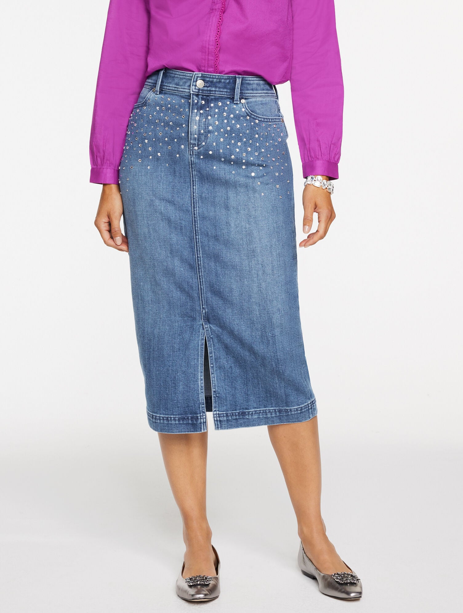 EMBELLISHED DENIM MIDI SKIRT | Talbots on sale
