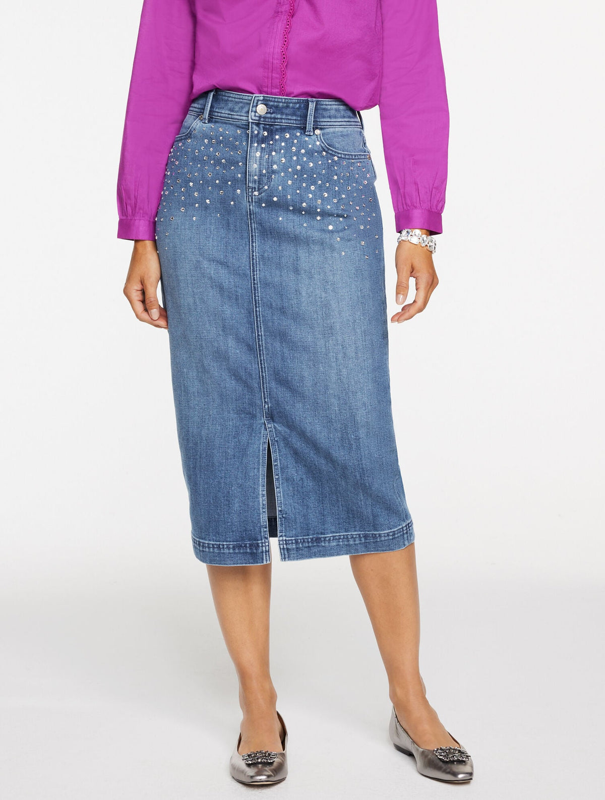 EMBELLISHED DENIM MIDI SKIRT | Talbots on sale