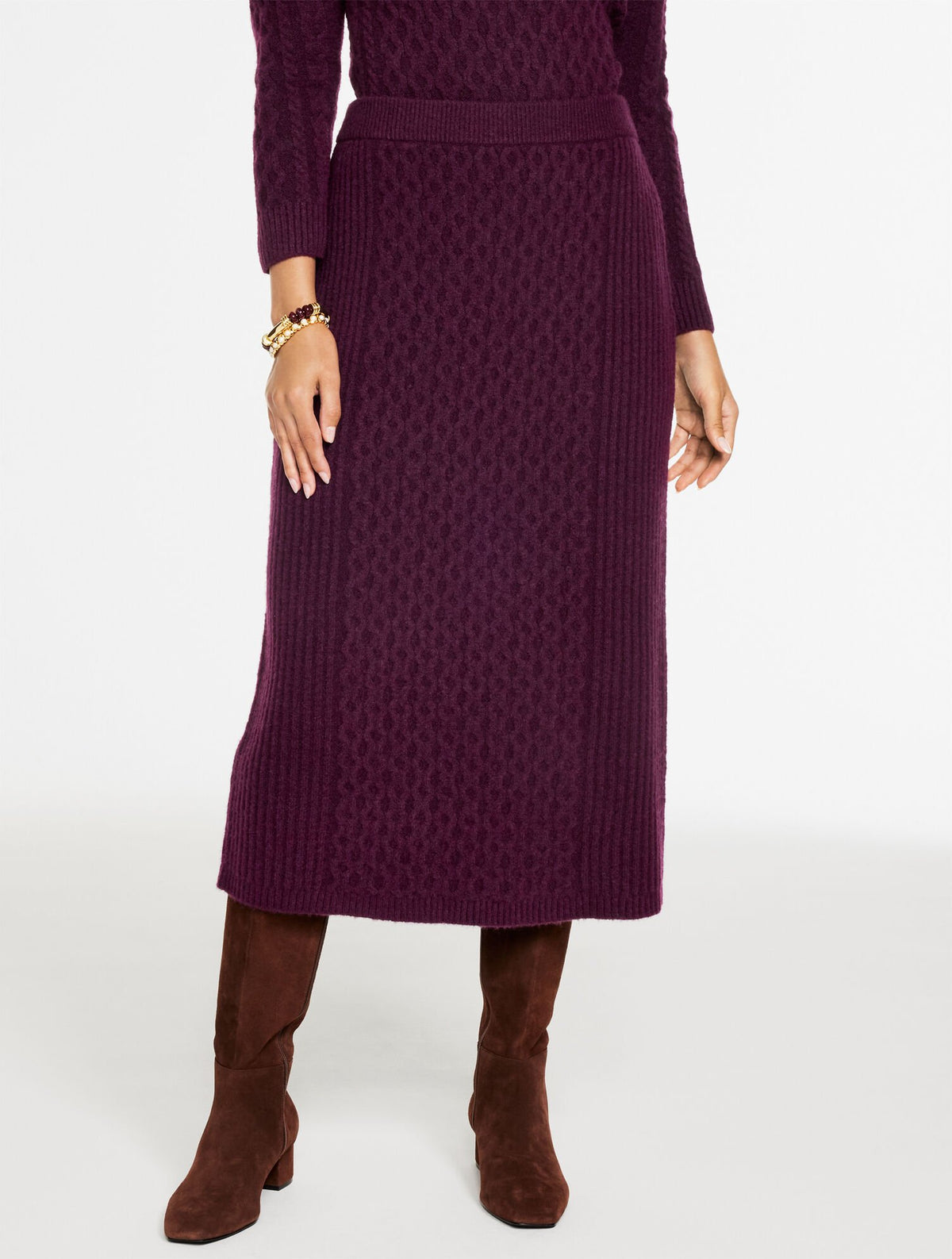MIXED CABLE KNIT MIDI SKIRT | Talbots on sale