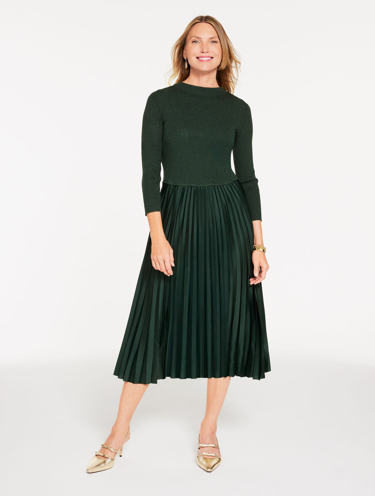 MIXED MEDIA PLEATED MIDI DRESS | Talbots for sale