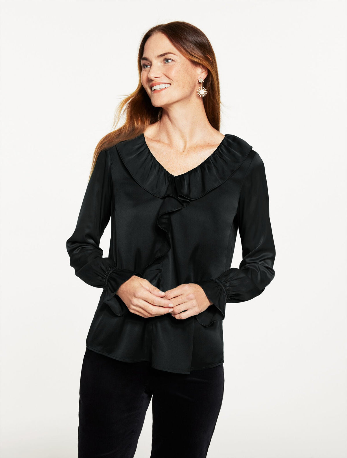 SOFT SATIN CHARMEUSE RUFFLE TOP | Talbots US