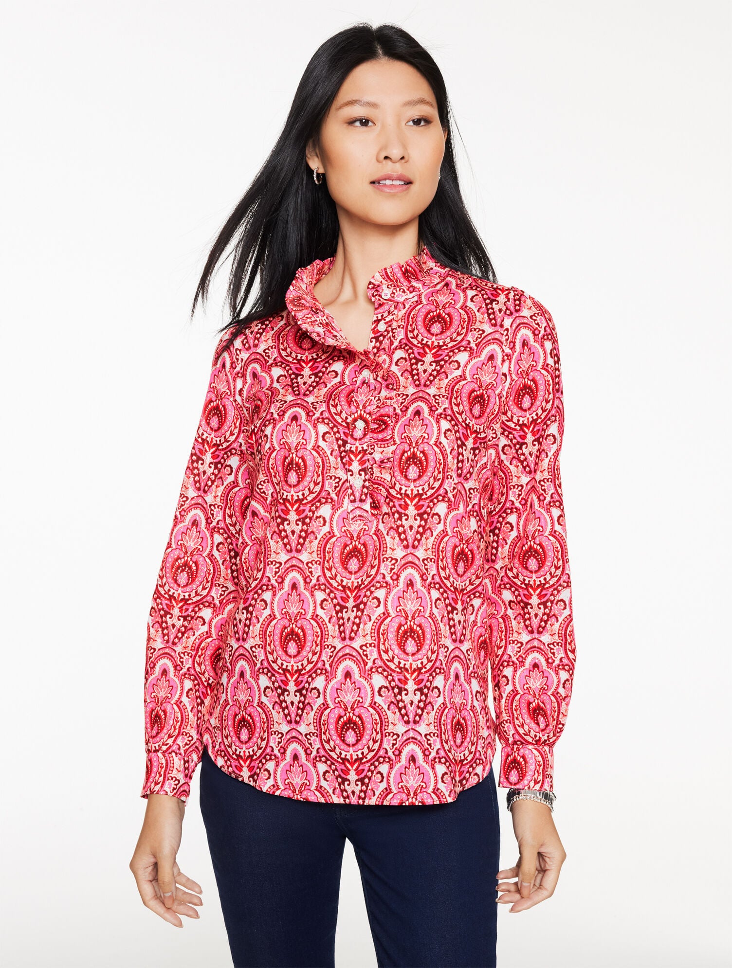 METALLIC RUFFLE POPOVER - JOYFUL DAMASK | Talbots outlet