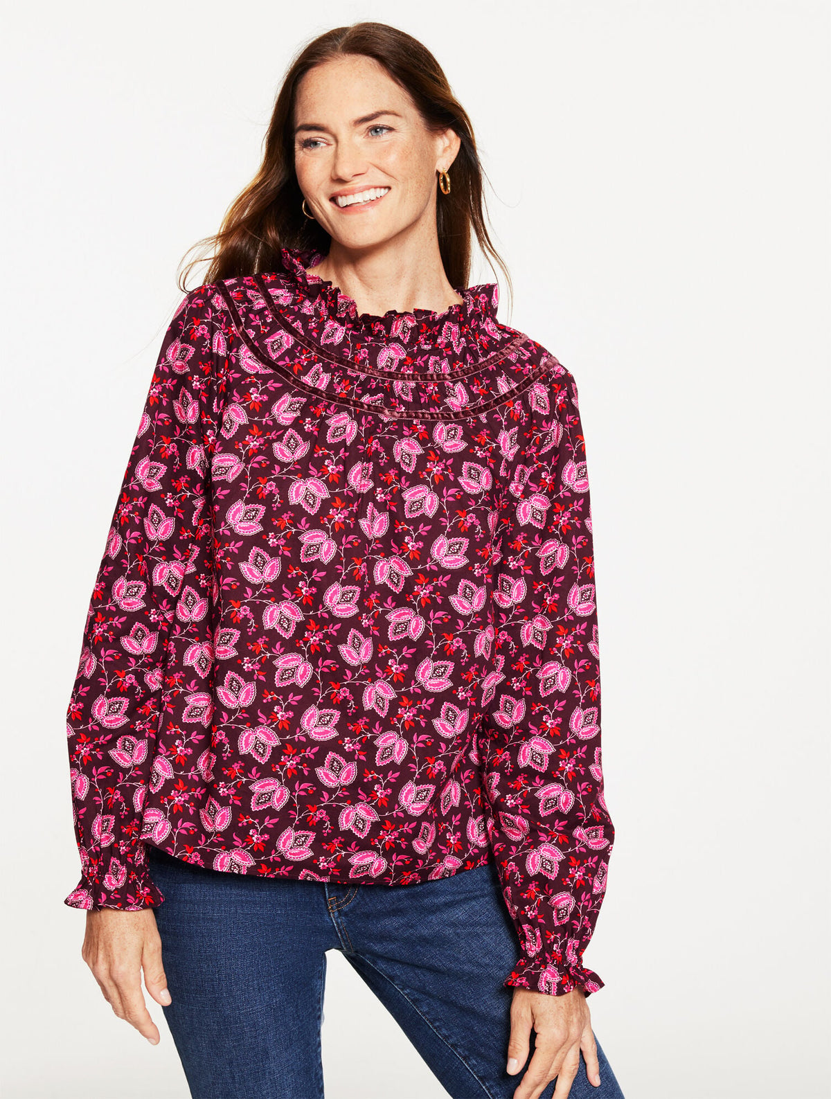 VELVET TRIM SMOCKED TOP - LUMINOUS FLORAL | Talbots near me