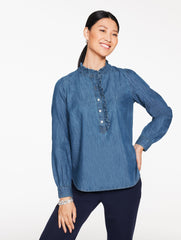 RUFFLE NECK DENIM POPOVER | Talbots online