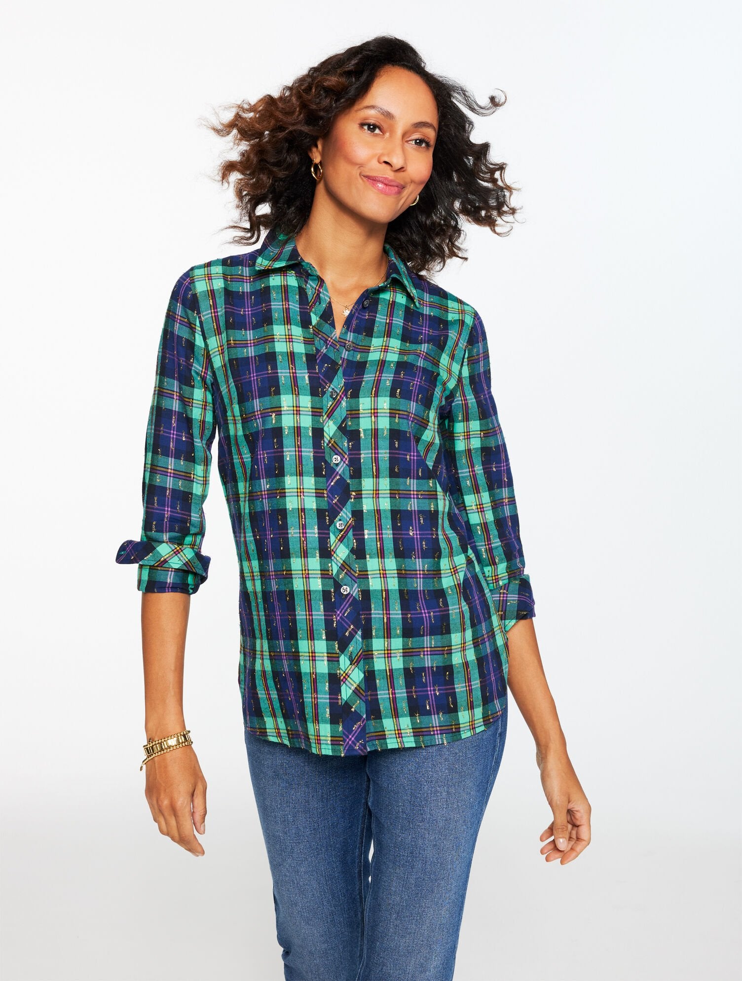 METALLIC MODERN CLASSIC SHIRT - CHEERFUL PLAID | Talbots discount