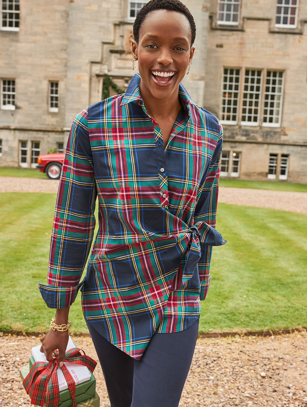 TIE FRONT POPLIN SHIRT - JOLLY TARTAN | Talbots outlet