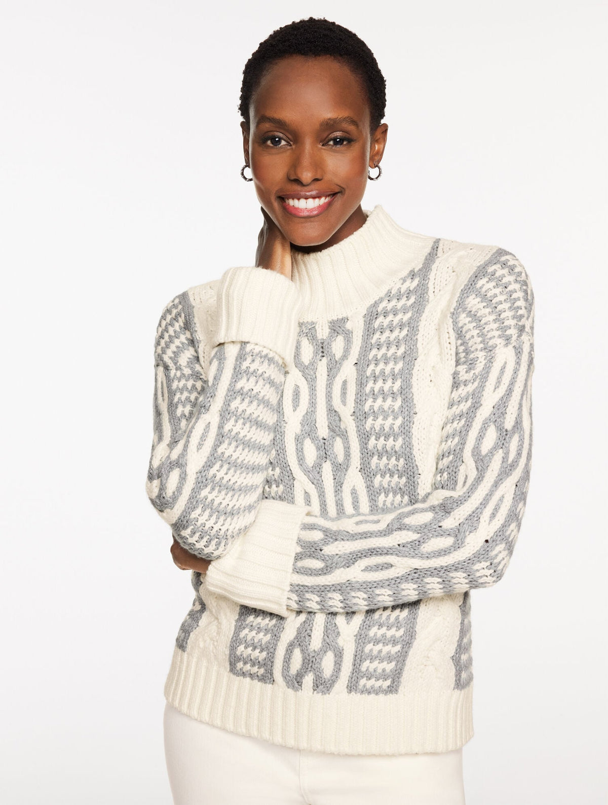 BICOLOR CABLE MOCKNECK SWEATER | Talbots outlet