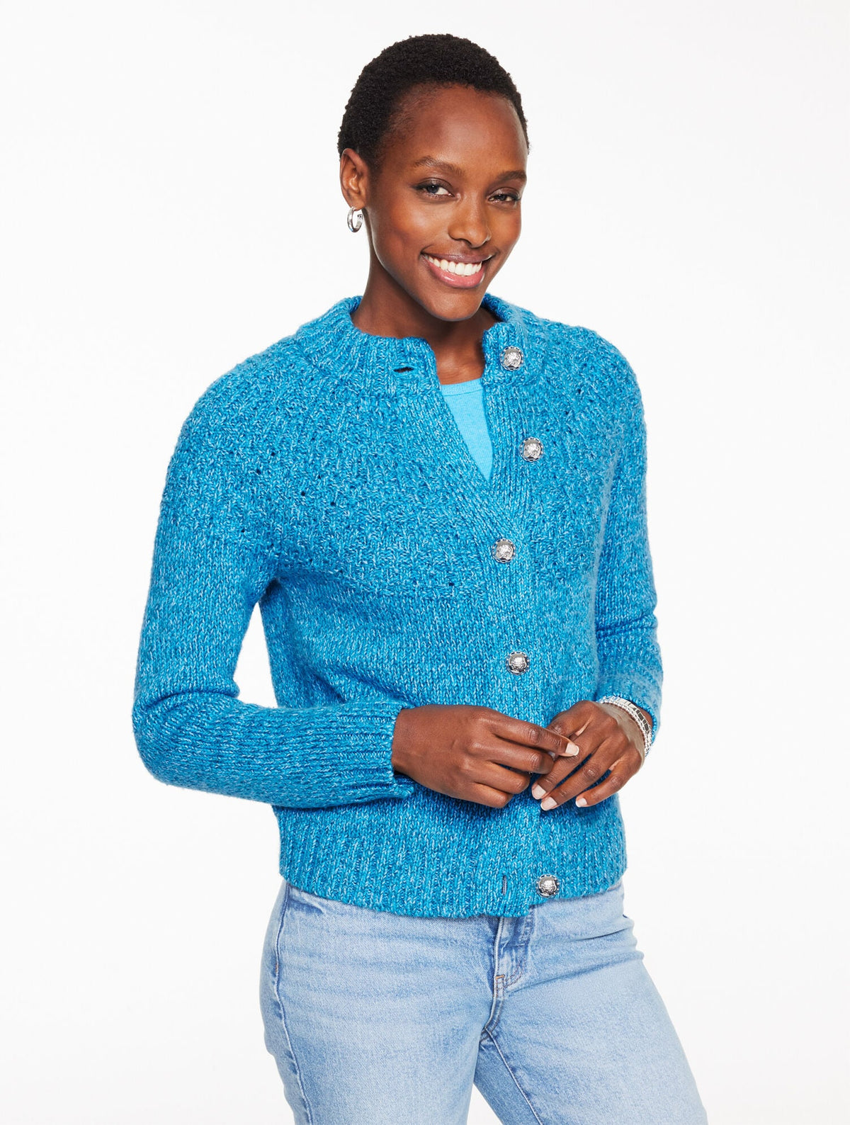 POINTELLE MOCKNECK CARDIGAN - MARL | Talbots sale