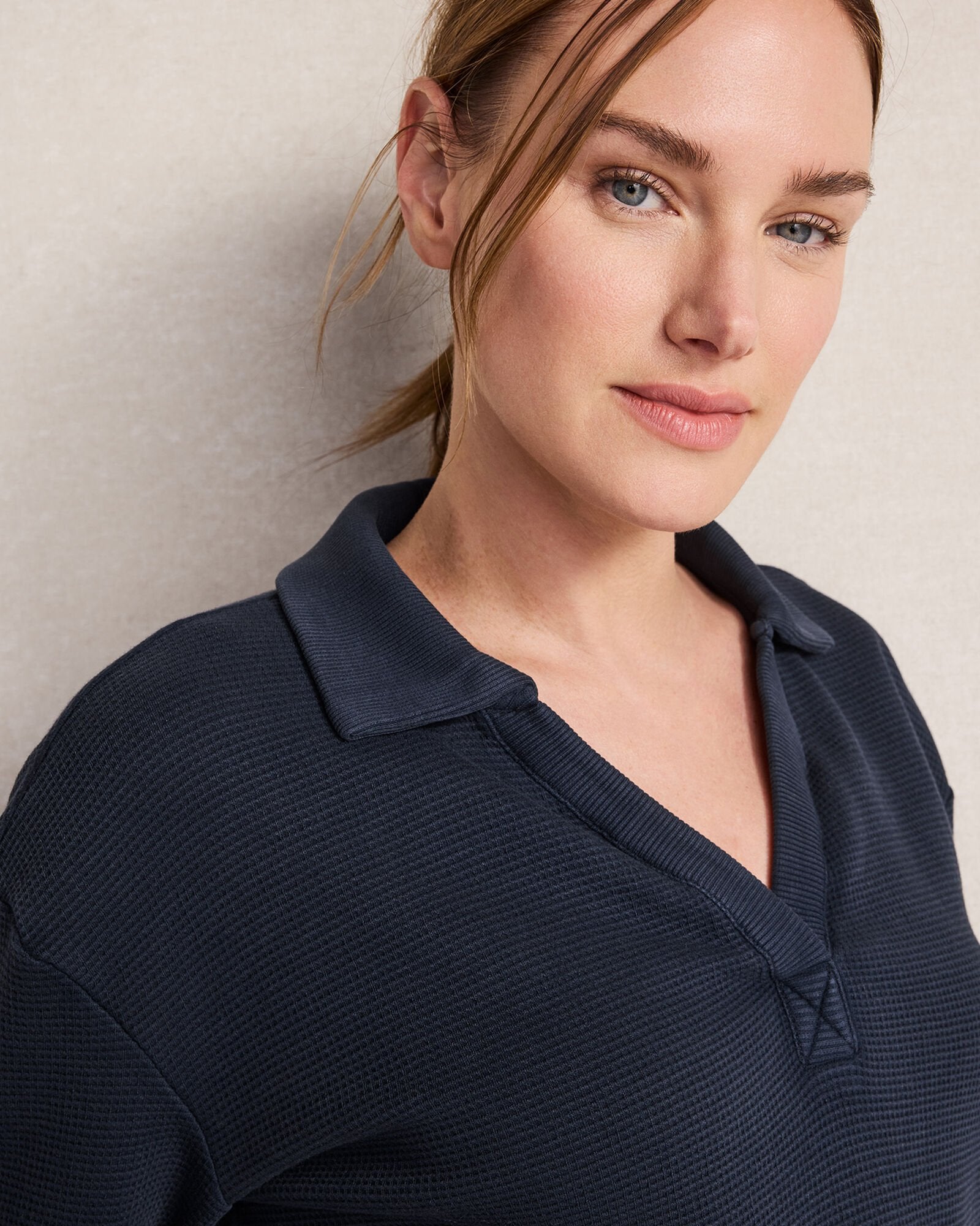ORGANIC COTTON WAFFLE JOHNNY COLLAR TOP | Talbots US