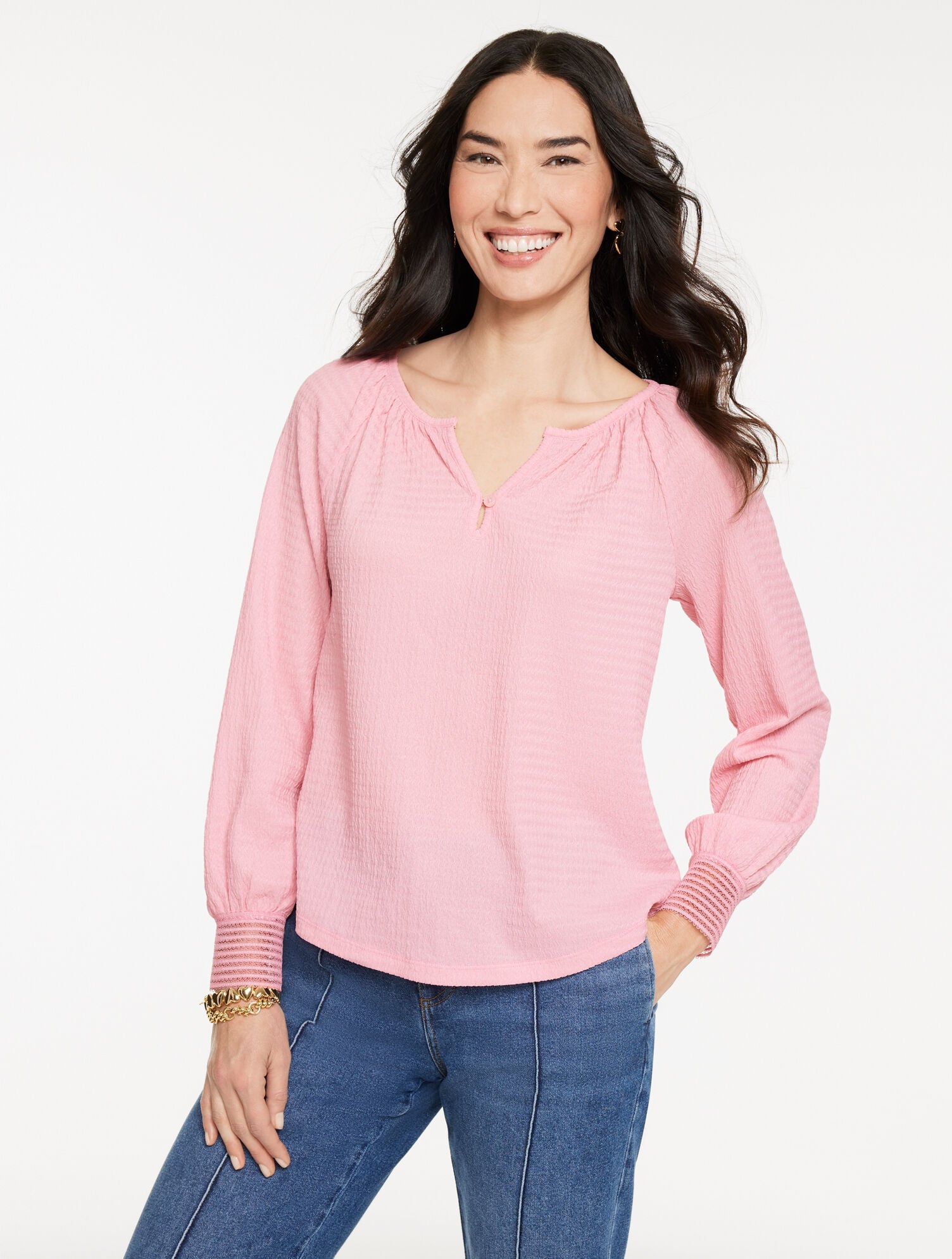 CRINKLE SPLIT NECK TOP | Talbots US