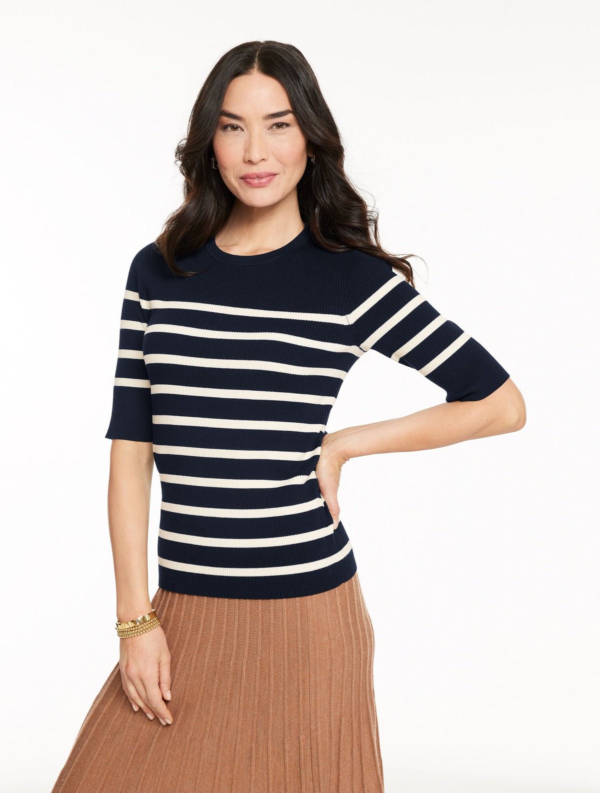 ELBOW SLEEVE RIBBED CREWNECK SWEATER - STRIPE | Talbots sale