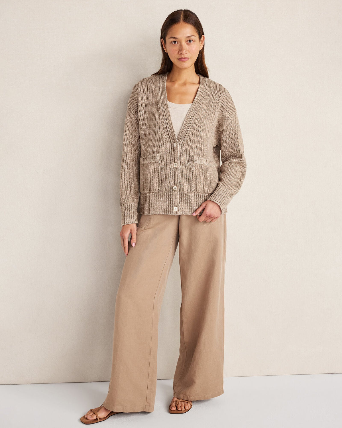 ORGANIC COTTON LINEN PLAITED V-NECK CARDIGAN | Talbots US