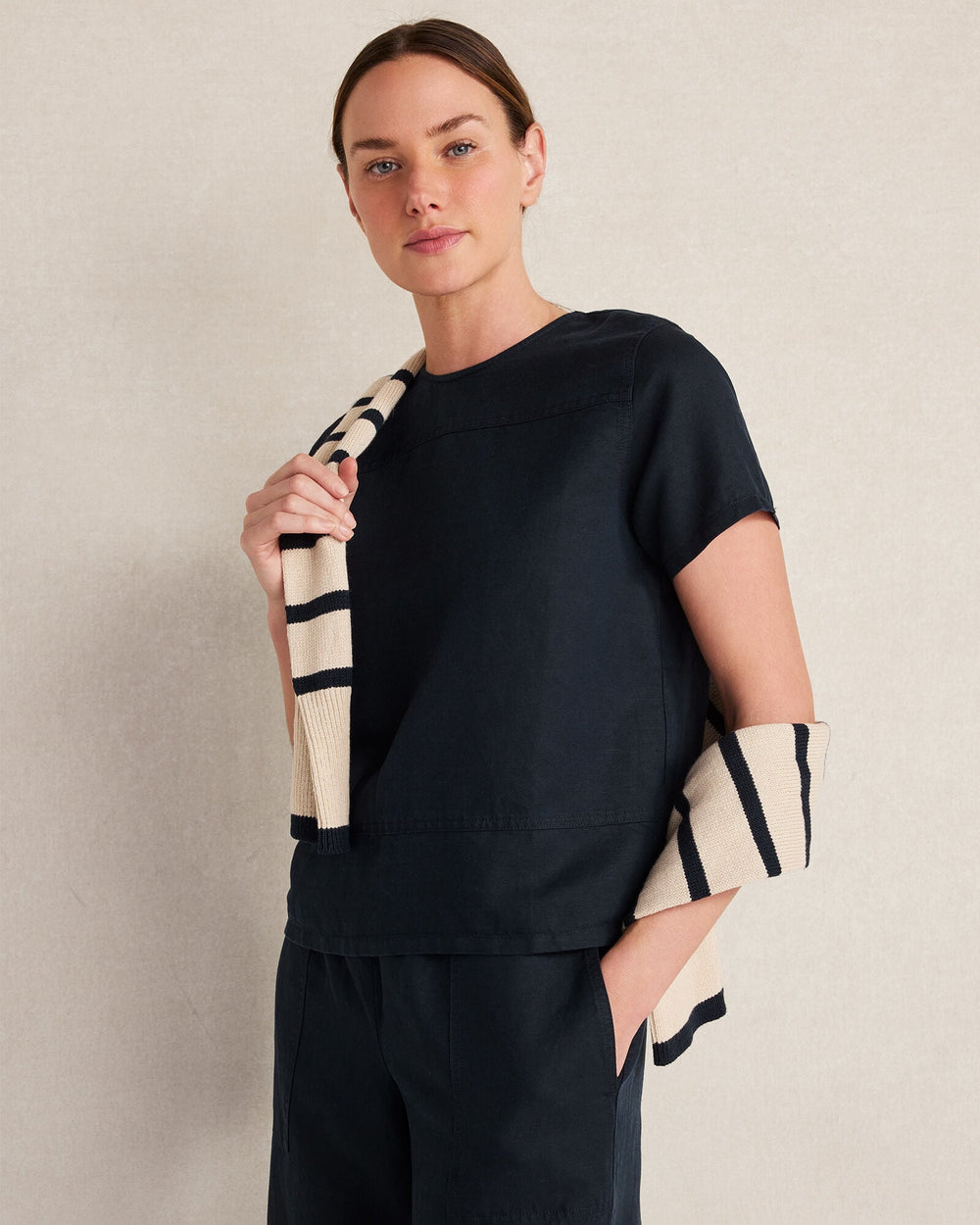 LINEN BLEND DOBBY SHORT SLEEVE TOP | Talbots sale