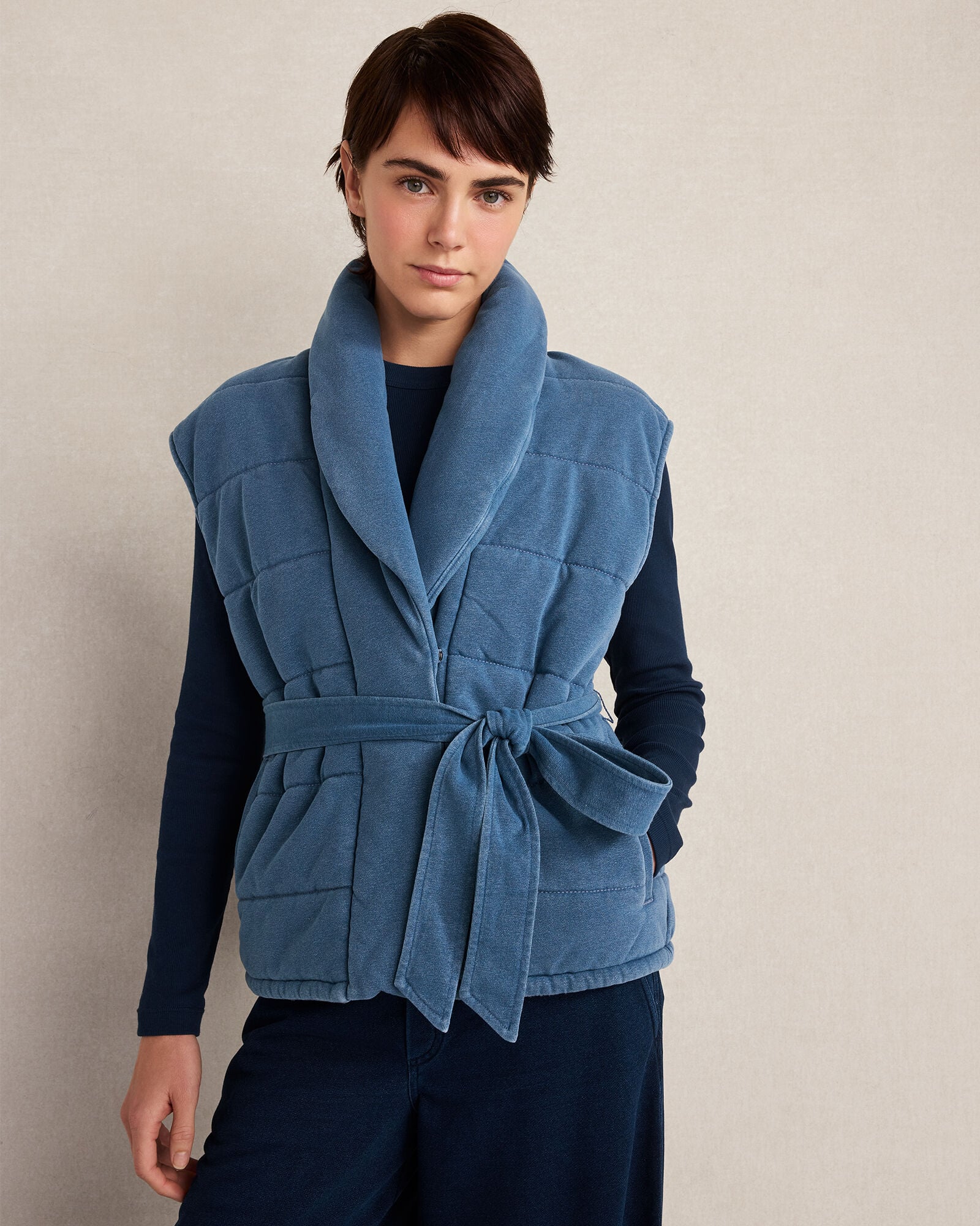 INDIGO COTTON TERRY QUILTED VEST | Talbots outlet