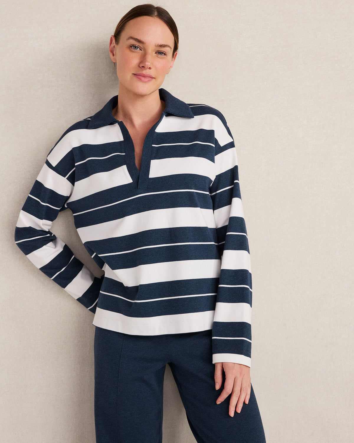 ORGANIC COTTON INTERLOCK STRIPE JOHNNY COLLAR TOP | Talbots near me