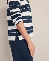 ORGANIC COTTON INTERLOCK STRIPE JOHNNY COLLAR TOP | Talbots near me