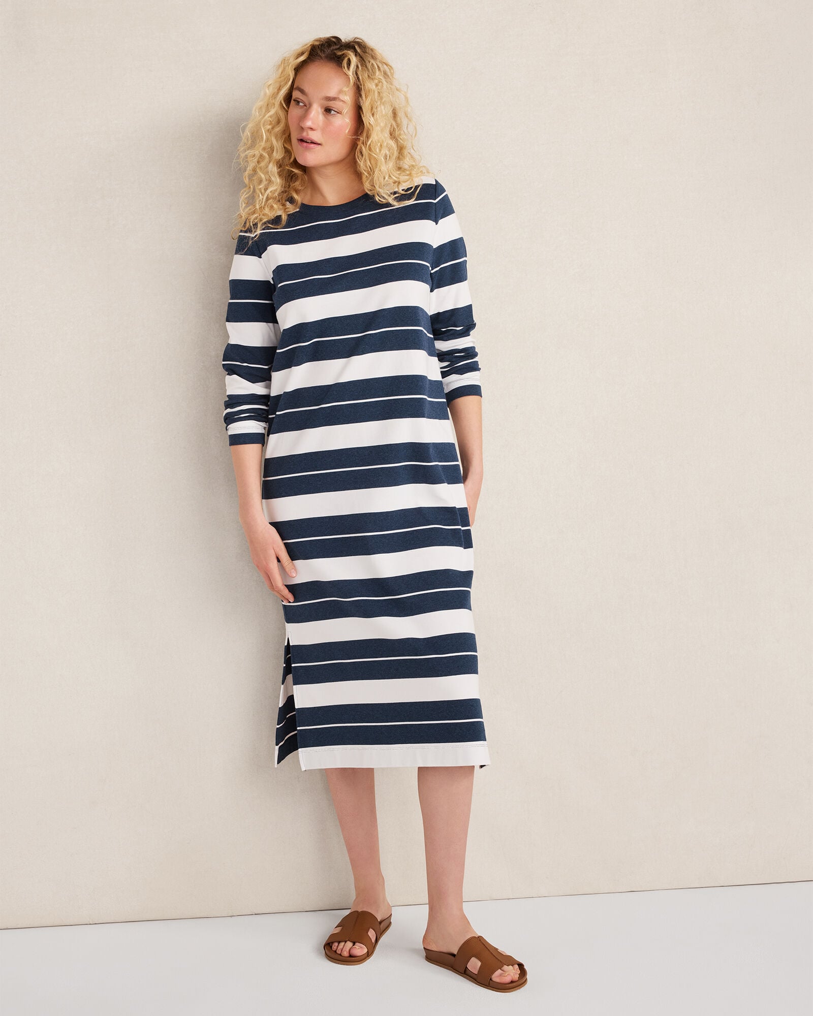 ORGANIC COTTON INTERLOCK STRIPE MIDI DRESS | Talbots online